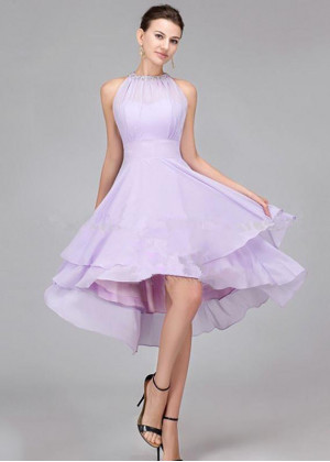 Lilac Chiffon Jewel Neckline Hi Low Short Prom Dress